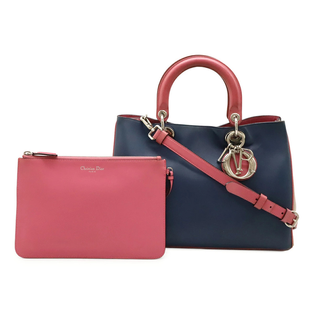 Christian Dior Diorissimo 2way Shoulder Bag Leather Navy Blue Beige Cream Pink